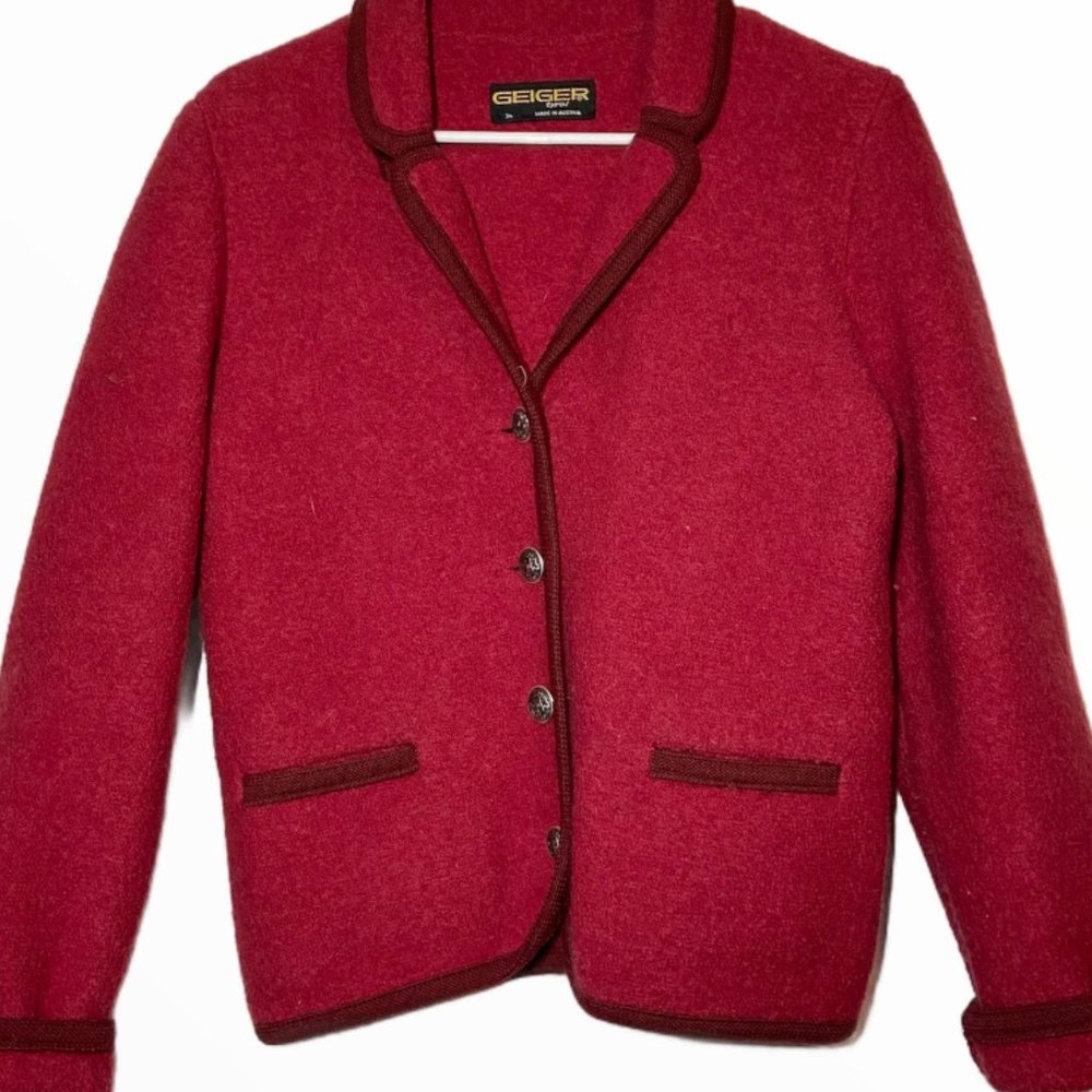 Geiger Tyrol Cardigan Sweater Blazer Pure Wool Button Front Welt Pocket Red 34 S